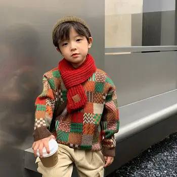 Корейская детская трикотажная одежда, милый свитер для мальчиков, осень-зима, вязаный свитер в плотную клетку, повседневные пуловеры для маленьких мальчиков, топ