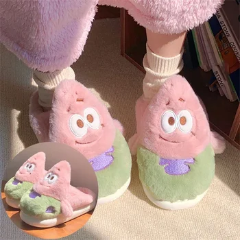 Плюшевые тапочки SpongeBob Patrick Star, зимние пушистые меховые тапочки для мужчин и женщин, Аниме, утолщенная противоскользящая домашняя теплая хлопковая обувь