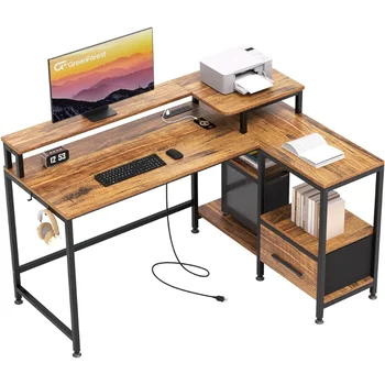 Г-образный письменный стол с Выдвижными ящиками и Электрической Розеткой, Компьютерный стол для Домашнего Офиса с Монитором и Подставкой Для принтера, 4-уровневые Полки для хранения