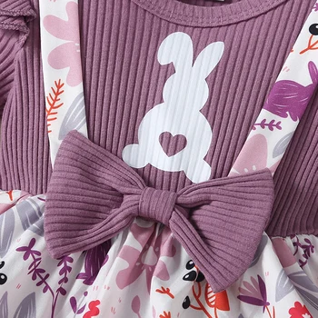 Пасхальный комбинезон для новорожденных девочек, платье с цветочным принтом в виде Кролика, длинный рукав, круглый вырез, комбинезон, юбка, повязка на голову с бантом, комплект