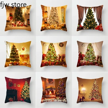 Рождественский декор, наволочка, подарок на елку, каминный принт, Новогодняя домашняя диванная подушка 