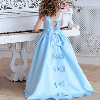 Платье с цветочным узором без рукавов, синее длинное платье с бантом на спине, платье принцессы для маленькой девочки, свадьба, День рождения, Праздничное платье для первого причастия