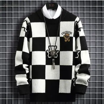 Новые зимние Свободные мужские свитера с принтом в стиле хип-хоп, Высококачественный кашемировый свитер, мужская одежда, Модные Рождественские пуловеры в клетку.