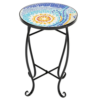 Железный круглый стол, чайный столик, Голубая гавайская инкрустация, цветное стекло, мозаика от солнца, Круглый столик для бистро на террасе, Столик на краю кровати