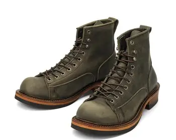 Осенне-зимние мотоциклетные ботинки с высоким берцем, мужские ботинки из натуральной кожи ручной работы, уличные рабочие ботинки на шнуровке