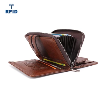Мужской кошелек из натуральной кожи большой емкости с RFID-картой, повседневный модный кожаный кошелек Crazy Horse на молнии