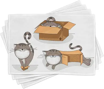 Набор ковриков для Кошачьего места Ambesonne из 4 Мультяшных Кошек, Пытающихся Поместиться В Картонные коробки Разного Размера, Домашний Компаньон